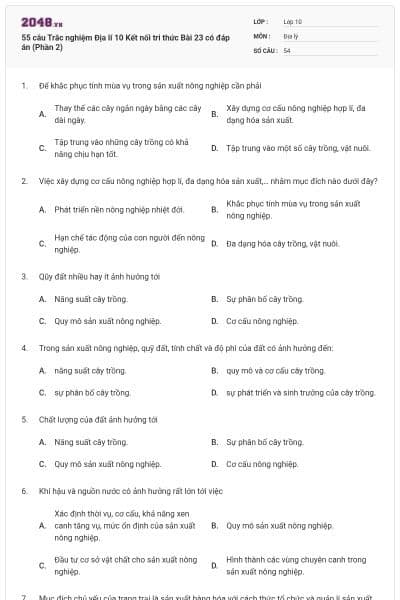 55 câu Trắc nghiệm Địa lí 10 Kết nối tri thức Bài 23 có đáp án (Phần 2)