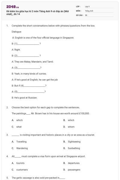 Đề kiểm tra giữa học kì 2 môn Tiếng Anh 9 có đáp án (Mới nhất)_ đề 14