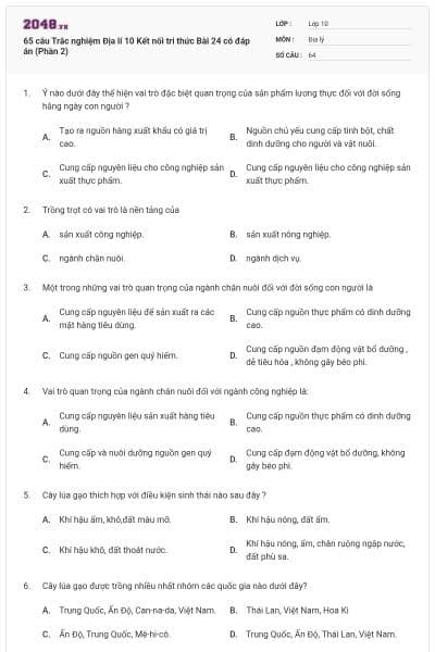 65 câu Trắc nghiệm Địa lí 10 Kết nối tri thức Bài 24 có đáp án (Phần 2)