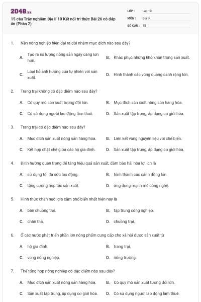 15 câu Trắc nghiệm Địa lí 10 Kết nối tri thức Bài 26 có đáp án (Phần 2)