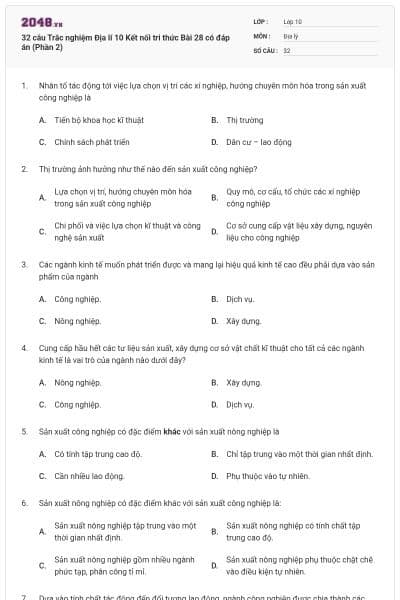 32 câu Trắc nghiệm Địa lí 10 Kết nối tri thức Bài 28 có đáp án (Phần 2)