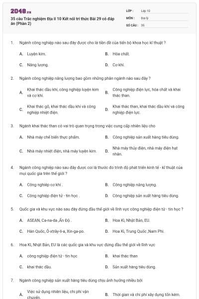 35 câu Trắc nghiệm Địa lí 10 Kết nối tri thức Bài 29 có đáp án (Phần 2)