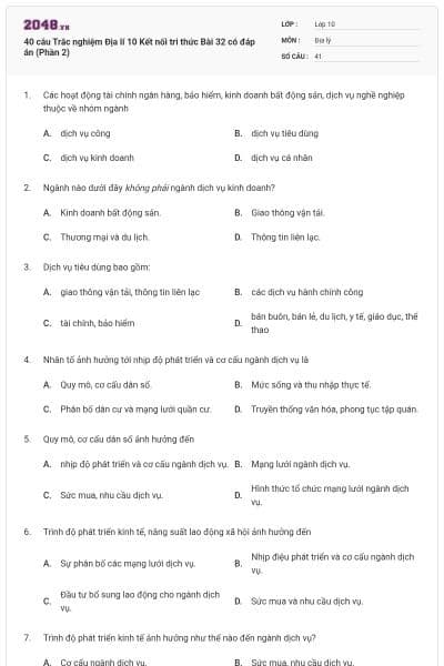 40 câu Trắc nghiệm Địa lí 10 Kết nối tri thức Bài 32 có đáp án (Phần 2)