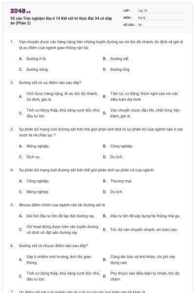 55 câu Trắc nghiệm Địa lí 10 Kết nối tri thức Bài 34 có đáp án (Phần 2)