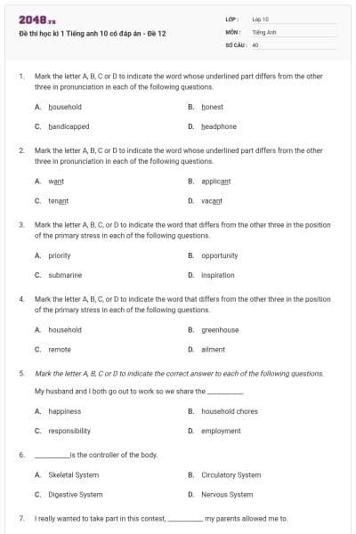 Đề thi học kì 1 Tiếng anh 10 có đáp án - Đề 12