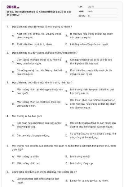 25 câu Trắc nghiệm Địa lí 10 Kết nối tri thức Bài 39 có đáp án (Phần 2)