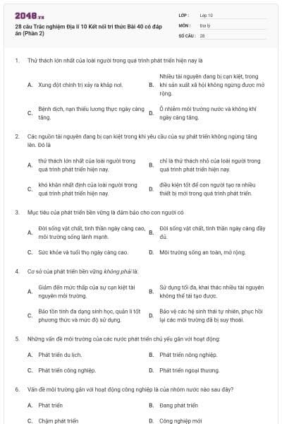 28 câu Trắc nghiệm Địa lí 10 Kết nối tri thức Bài 40 có đáp án (Phần 2)