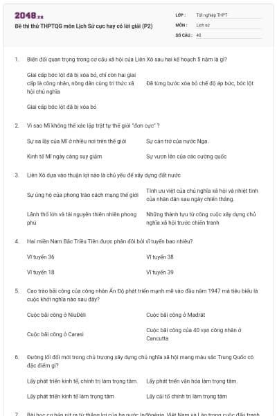 Đề thi thử THPTQG môn Lịch Sử cực hay có lời giải (P2)