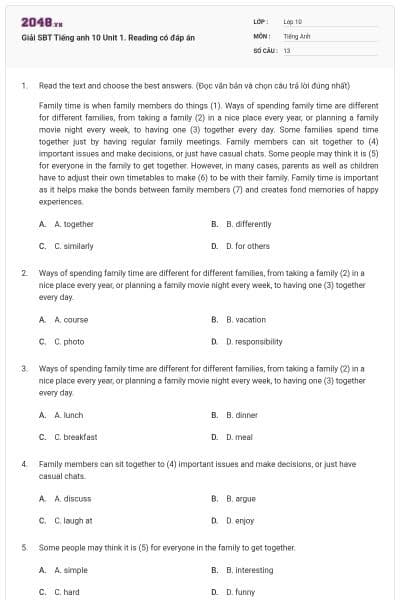 Giải SBT Tiếng anh 10 Unit 1. Reading có đáp án