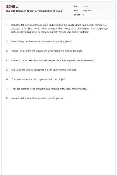 Giải SBT Tiếng anh 10 Unit 2. Pronunciation có đáp án