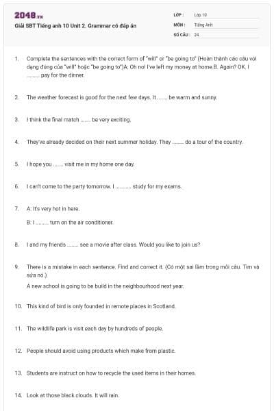 Giải SBT Tiếng anh 10 Unit 2. Grammar có đáp án