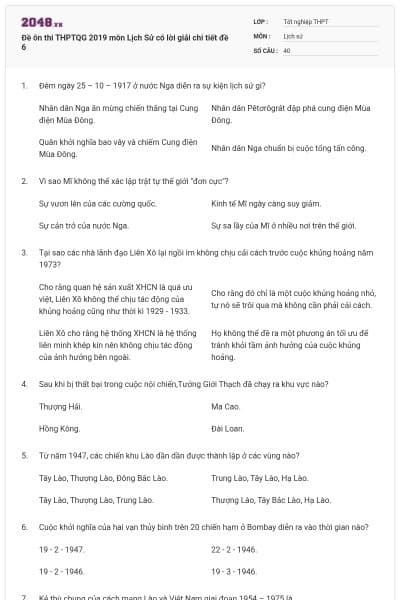 Đề ôn thi THPTQG 2019 môn Lịch Sử có lời giải chi tiết đề 6