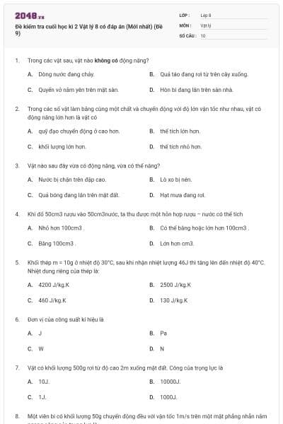 Đề kiểm tra cuối học kì 2 Vật lý 8 có đáp án (Mới nhất) (Đề 9)