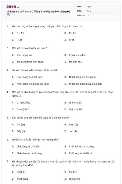 Đề kiểm tra cuối học kì 2 Vật lý 8 có đáp án (Mới nhất) (Đề 10)