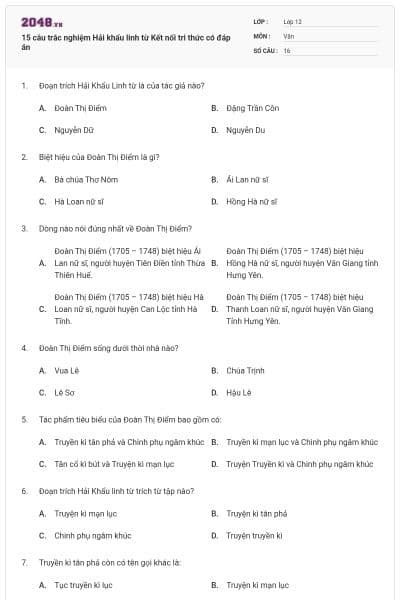 15 câu trắc nghiệm Hải khẩu linh từ Kết nối tri thức có đáp án