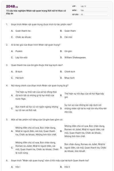 15 câu trắc nghiệm Nhân vật quan trọng Kết nối tri thức có đáp án