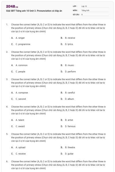 Giải SBT Tiếng anh 10 Unit 3. Pronunciation có đáp án