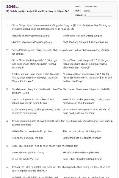 Bộ đề trắc nghiệm luyện thi Lịch Sử cực hay có lời giải đề 1