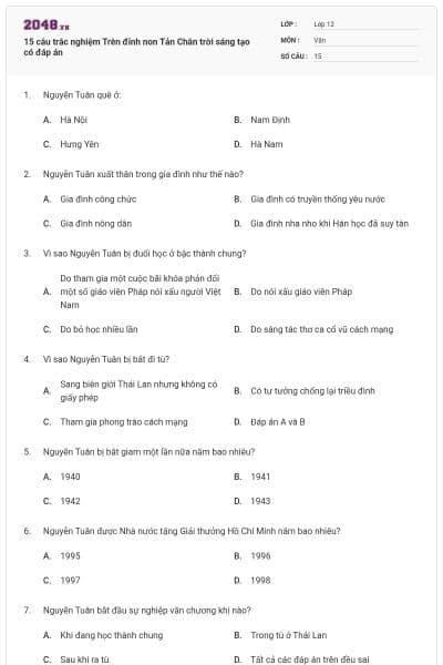 15 câu trắc nghiệm Trên đỉnh non Tản Chân trời sáng tạo có đáp án