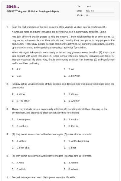 Giải SBT Tiếng anh 10 Unit 4. Reading có đáp án