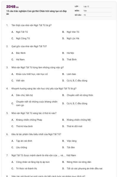 15 câu trắc nghiệm Con gà thờ Chân trời sáng tạo có đáp án