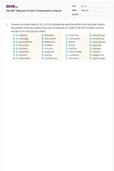 Giải SBT Tiếng anh 10 Unit 5. Pronunciation có đáp án