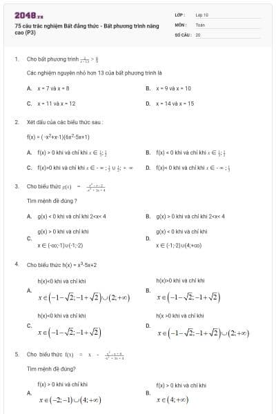 75 câu trắc nghiệm Bất đẳng thức - Bất phương trình nâng cao (P3)