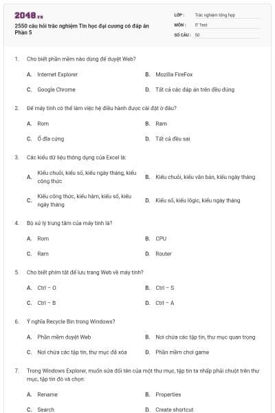 2550 câu hỏi trắc nghiệm Tin học đại cương có đáp án Phần 5