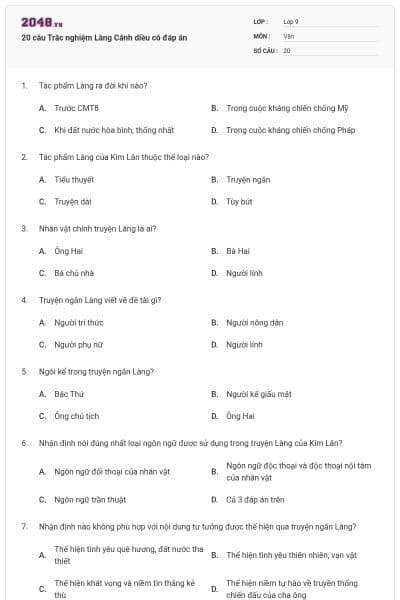 20 câu Trắc nghiệm Làng Cánh diều có đáp án