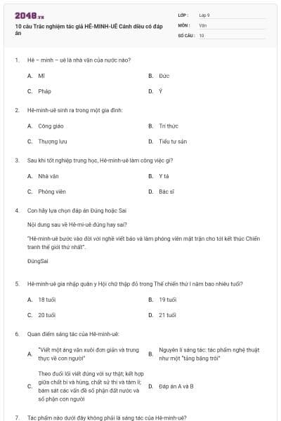 10 câu Trắc nghiệm tác giả HÊ-MINH-UÊ Cánh diều có đáp án