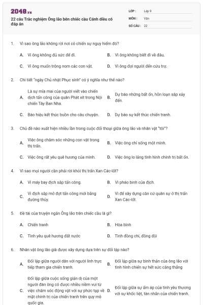 22 câu Trắc nghiệm Ông lão bên chiếc cầu Cánh diều có đáp án