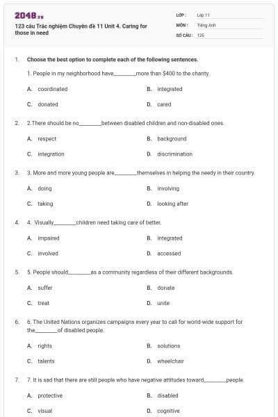 123 câu Trắc nghiệm Chuyên đề 11 Unit 4. Caring for those in need
