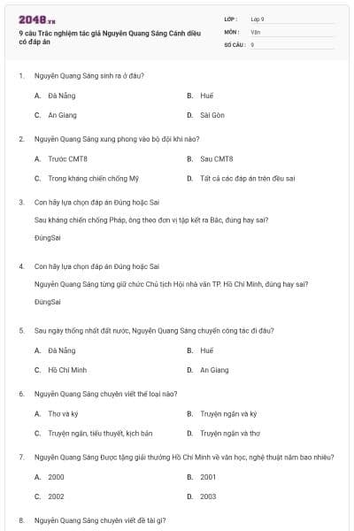 9 câu Trắc nghiệm tác giả Nguyễn Quang Sáng Cánh diều có đáp án