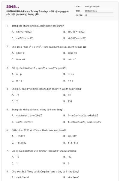 ĐGTD ĐH Bách khoa - Tư duy Toán học - Giá trị lượng giác của một góc (cung) lượng giác