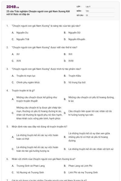25 câu Trắc nghiệm Chuyện người con gái Nam Xương Kết nối tri thức có đáp án