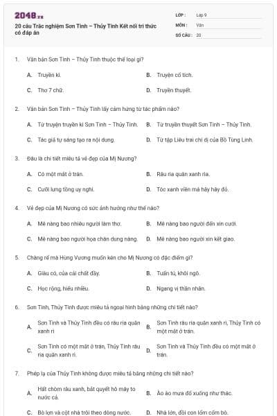 20 câu Trắc nghiệm Sơn Tinh – Thủy Tinh Kết nối tri thức có đáp án