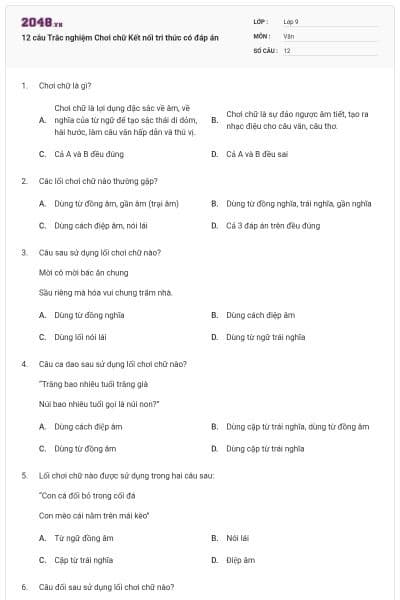 12 câu Trắc nghiệm Chơi chữ Kết nối tri thức có đáp án