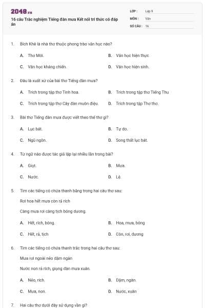 16 câu Trắc nghiệm Tiếng đàn mưa Kết nối tri thức có đáp án