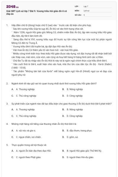 Giải SBT Lịch sử lớp 7 Bài 9. Vương triều hồi giáo đê-li có đáp án