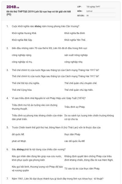 Đề thi thử THPTQG 2019 Lịch Sử cực hay có lời giải chi tiết (P5)