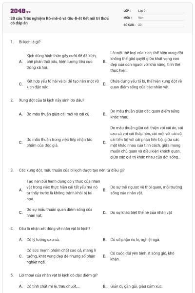 20 câu Trắc nghiệm Rô-mê-ô và Giu-li-ét Kết nối tri thức có đáp án