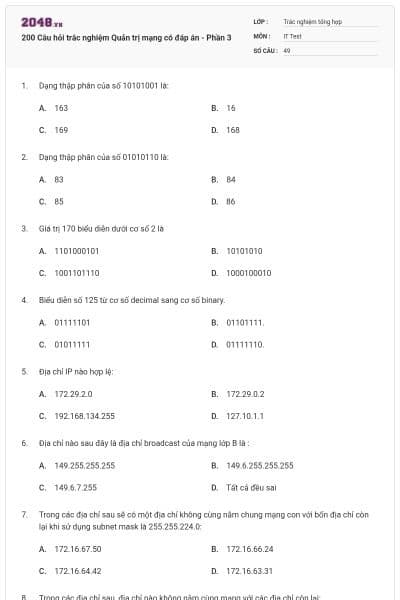 200 Câu hỏi trắc nghiệm Quản trị mạng có đáp án - Phần 3