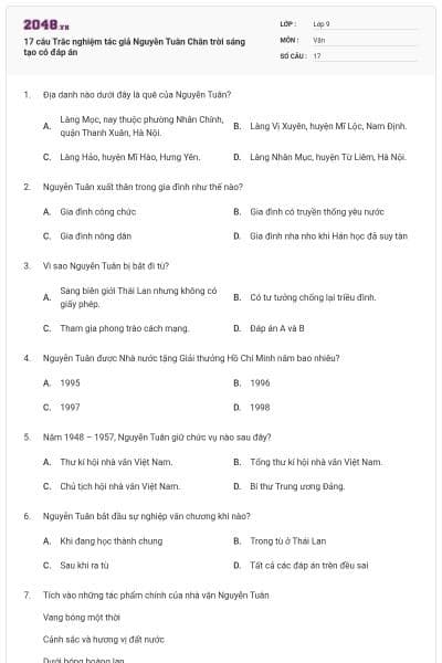 17 câu Trắc nghiệm tác giả Nguyễn Tuân Chân trời sáng tạo có đáp án