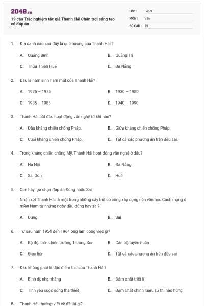 19 câu Trắc nghiệm tác giả Thanh Hải Chân trời sáng tạo có đáp án