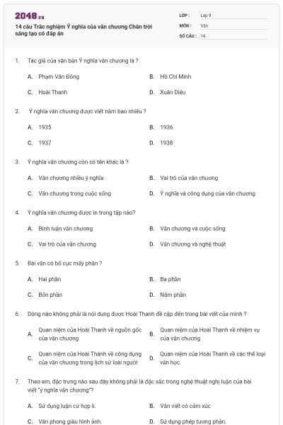 14 câu Trắc nghiệm Ý nghĩa của văn chương Chân trời sáng tạo có đáp án