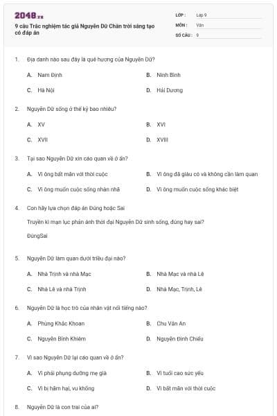 9 câu Trắc nghiệm tác giả Nguyễn Dữ Chân trời sáng tạo có đáp án