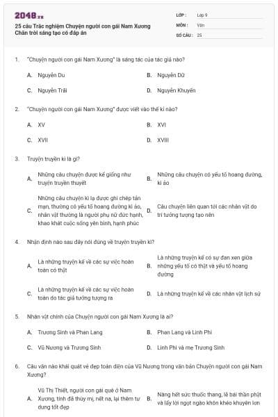 25 câu Trắc nghiệm Chuyện người con gái Nam Xương Chân trời sáng tạo có đáp án