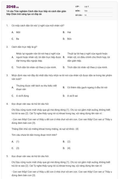 14 câu Trắc nghiệm Cách dẫn trực tiếp và cách dẫn gián tiếp Chân trời sáng tạo có đáp án