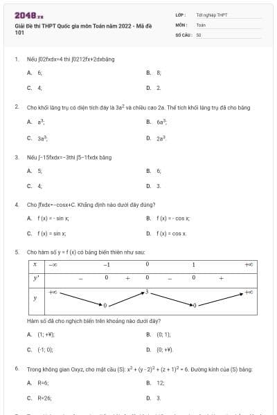 Giải Đề thi THPT Quốc gia môn Toán năm 2022 - Mã đề 101
