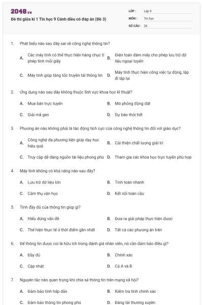 Đề thi giữa kì 1 Tin học 9 Cánh diều có đáp án (Đề 3)